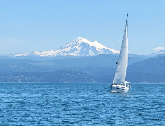 sailboat in front Mt Baker behind